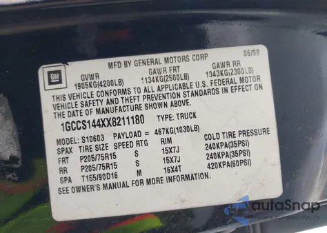 1999 Chevrolet S-10 Ls из США, поврежденный, VIN 1GCCS144XX8211180